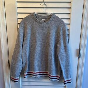 men’s vintage-style GAP sweater: grey body with red / white / navy-striped cuffs